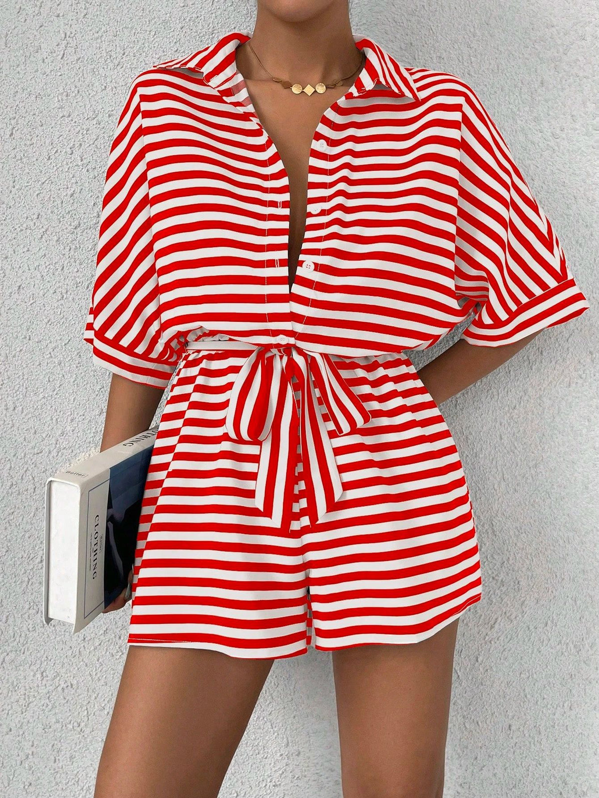 Striped Collared Tie Waist Romper