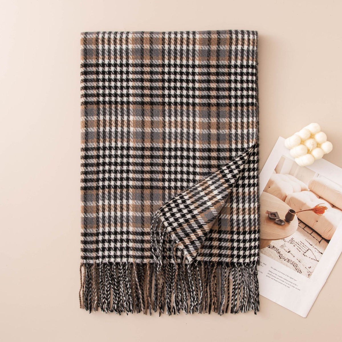 Glen Plaid Fringe Trim Winter Scarf - Black