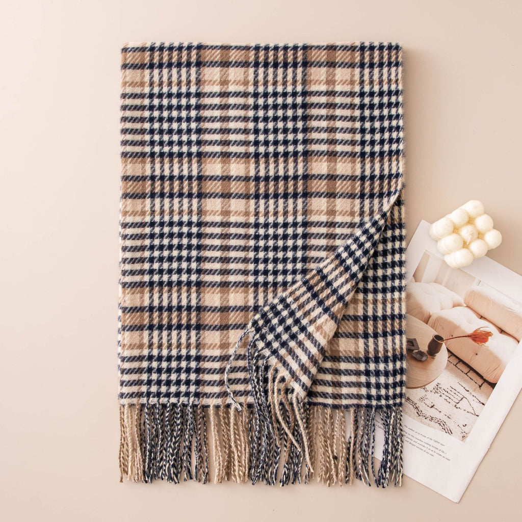 Glen Plaid Fringe Trim Winter Scarf - Blue