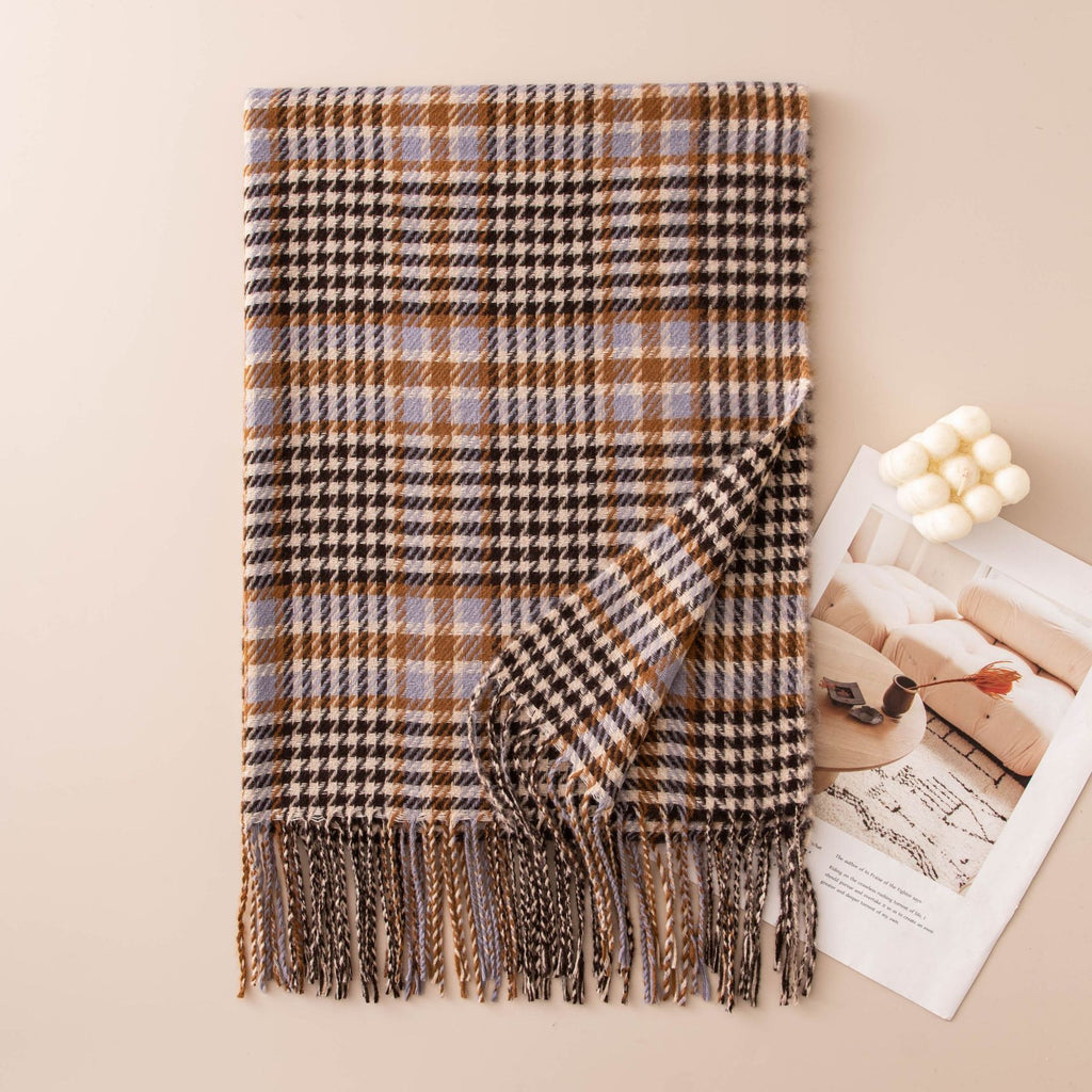 Glen Plaid Fringe Trim Winter Scarf - Coffee