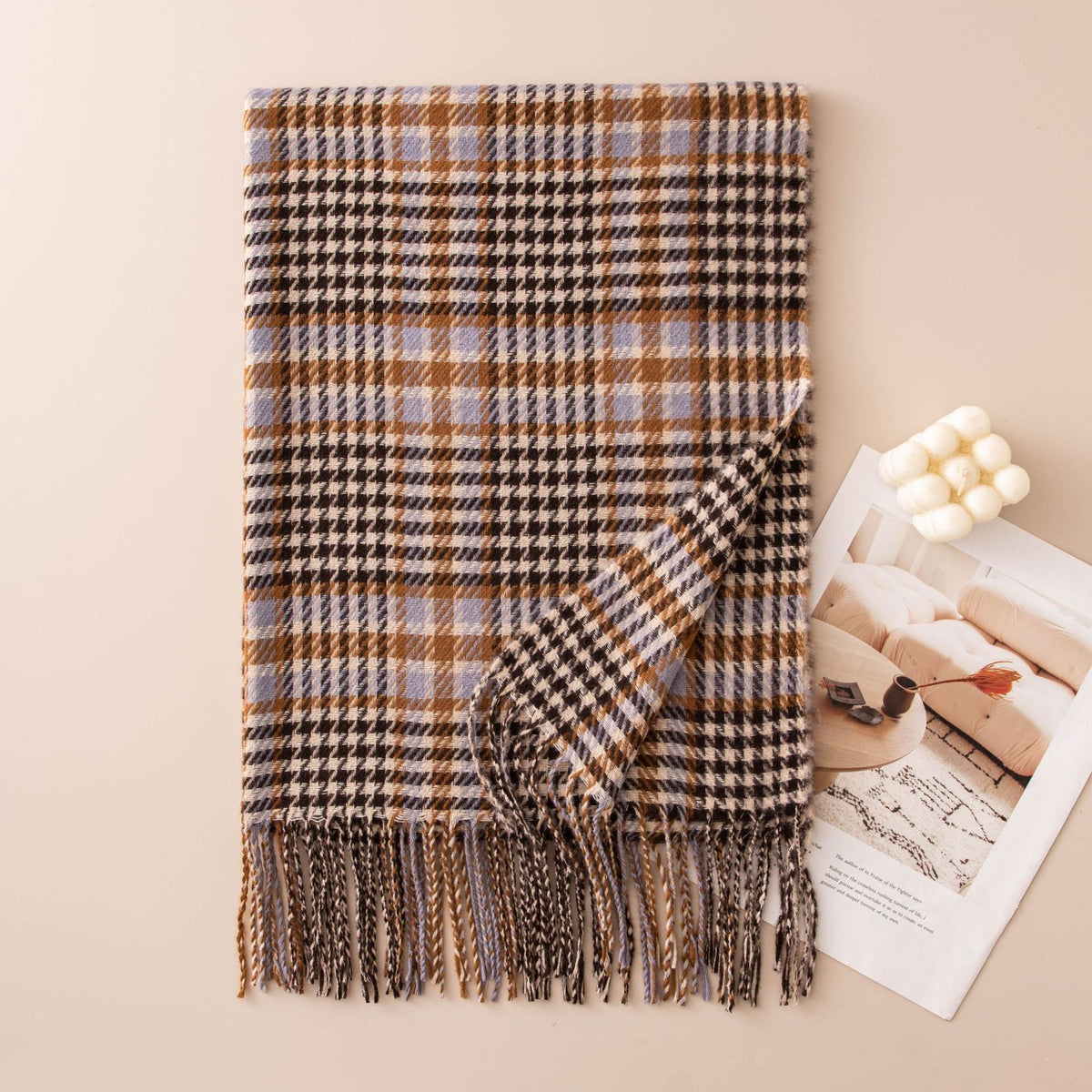 Glen Plaid Fringe Trim Winter Scarf - Coffee