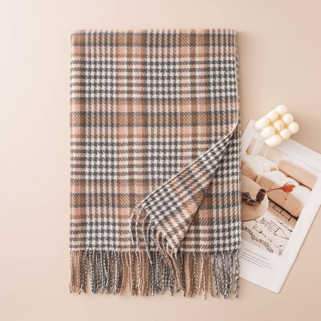 Glen Plaid Fringe Trim Winter Scarf - Gray