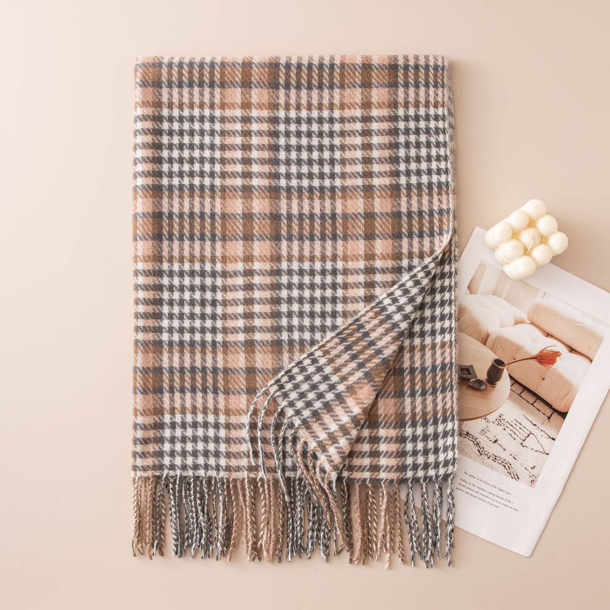 Glen Plaid Fringe Trim Winter Scarf - Gray