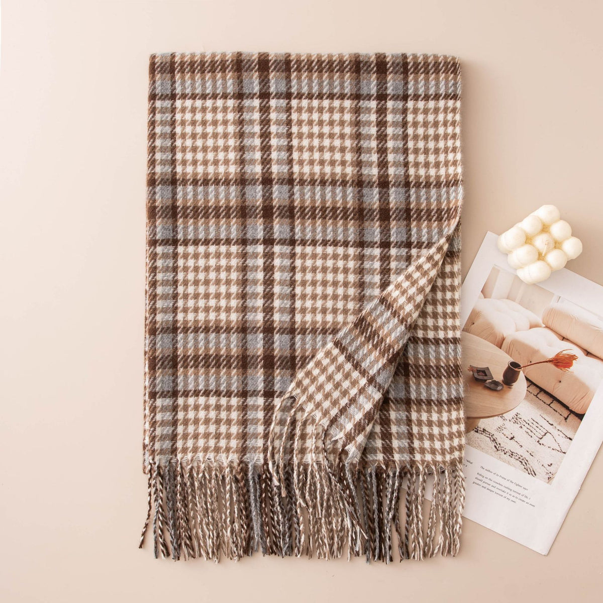 Glen Plaid Fringe Trim Winter Scarf - Mocha