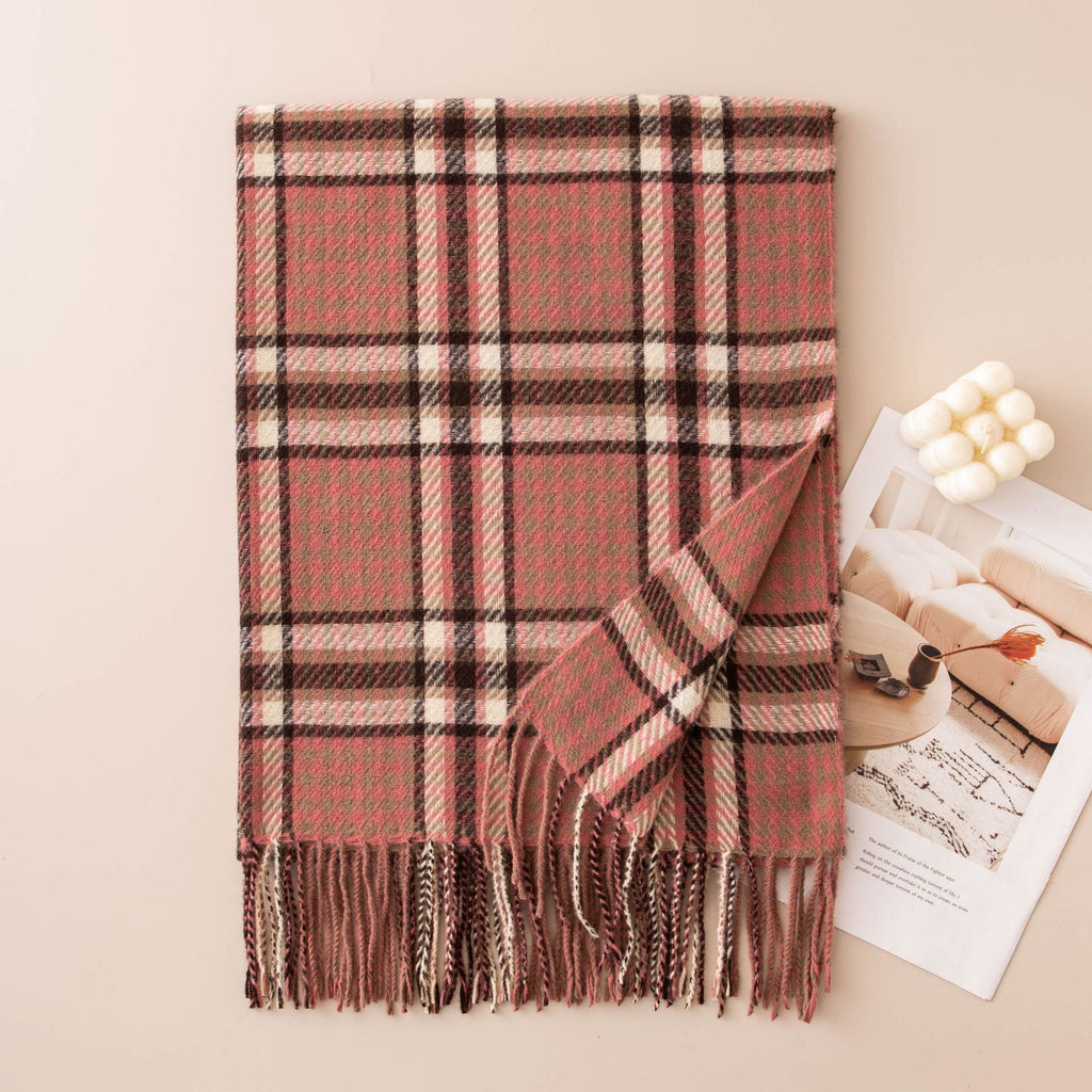 Glen Plaid Fringe Trim Winter Scarf - Rose_Red