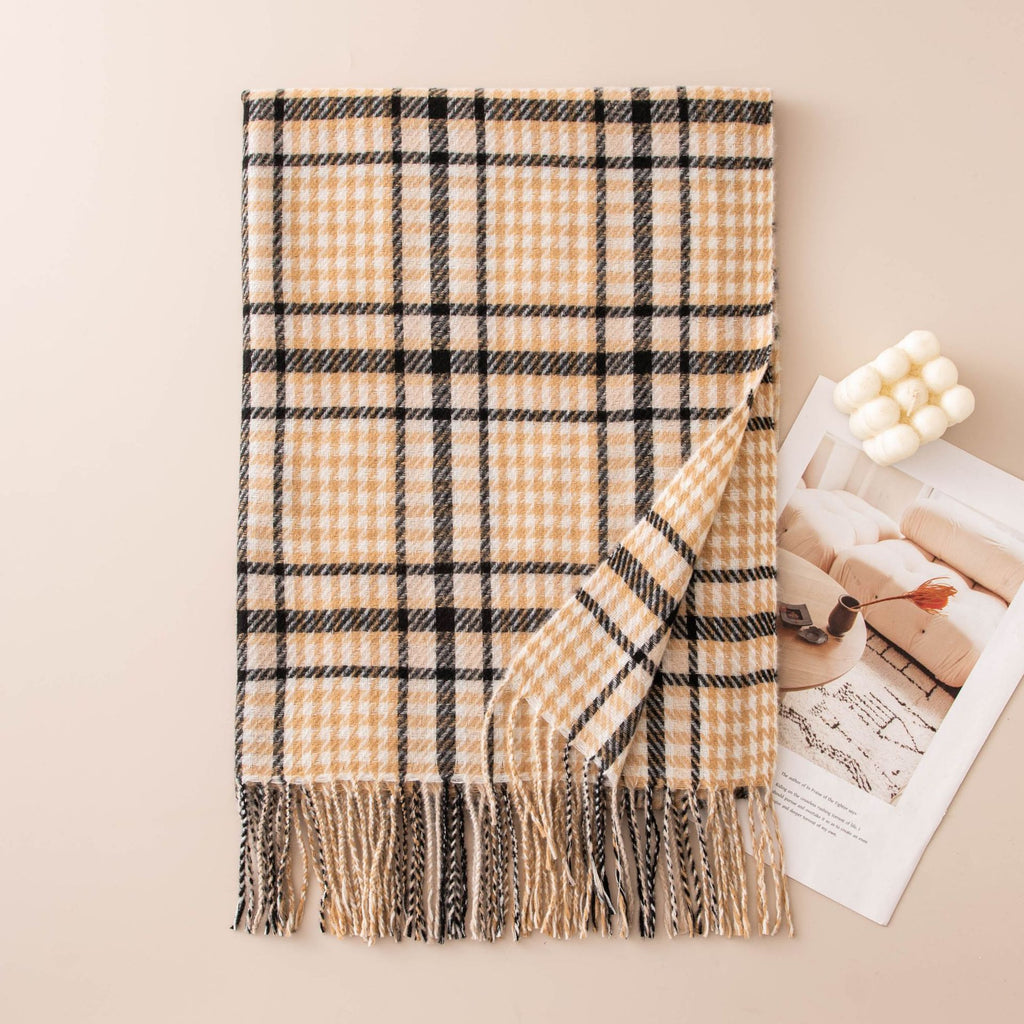 Glen Plaid Fringe Trim Winter Scarf - Yellow