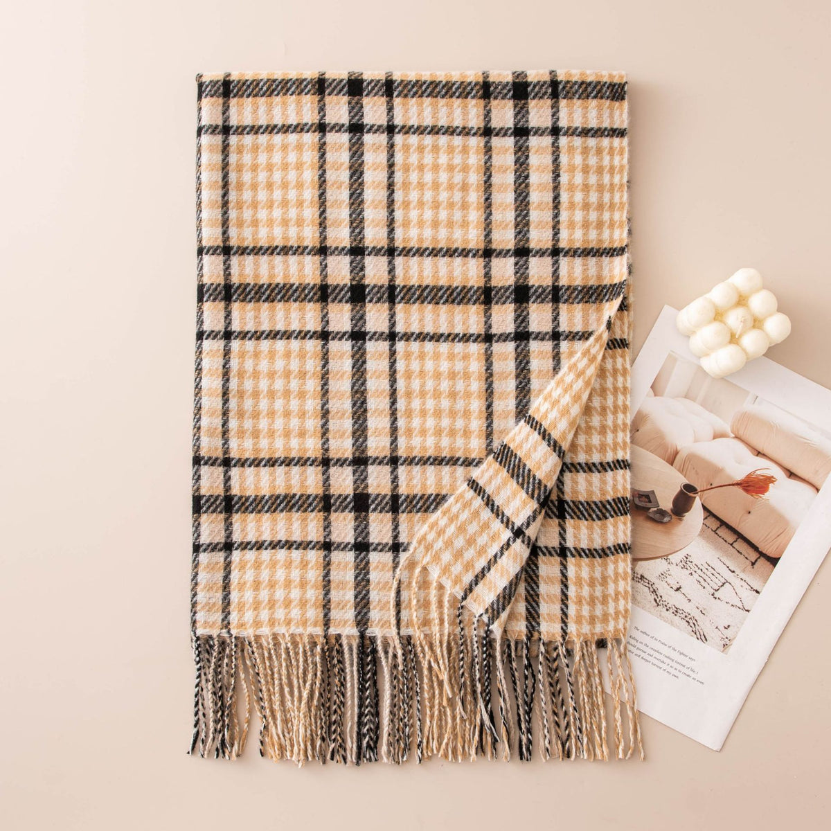 Glen Plaid Fringe Trim Winter Scarf - Yellow
