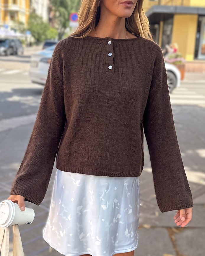 Boat Neck Henley Button Pullover Sweater - Brown