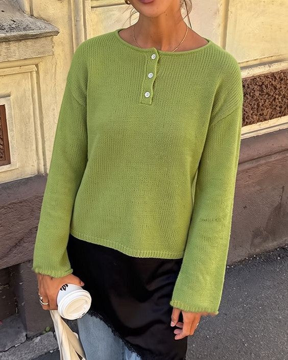 Boat Neck Henley Button Pullover Sweater - Green