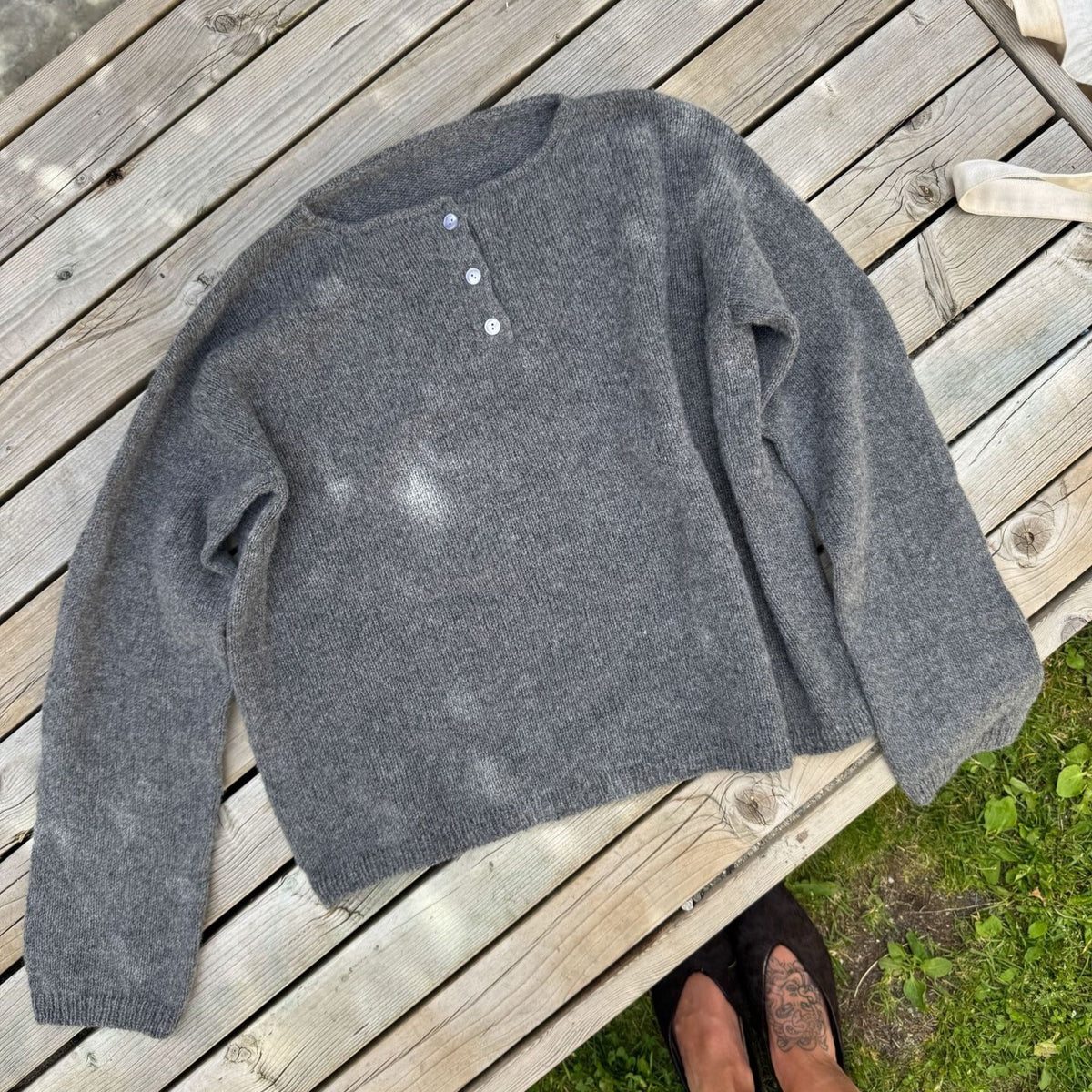 Boat Neck Henley Button Pullover Sweater - Grey - 1