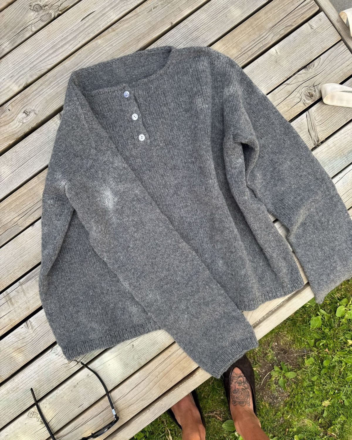Boat Neck Henley Button Pullover Sweater - Grey - 2