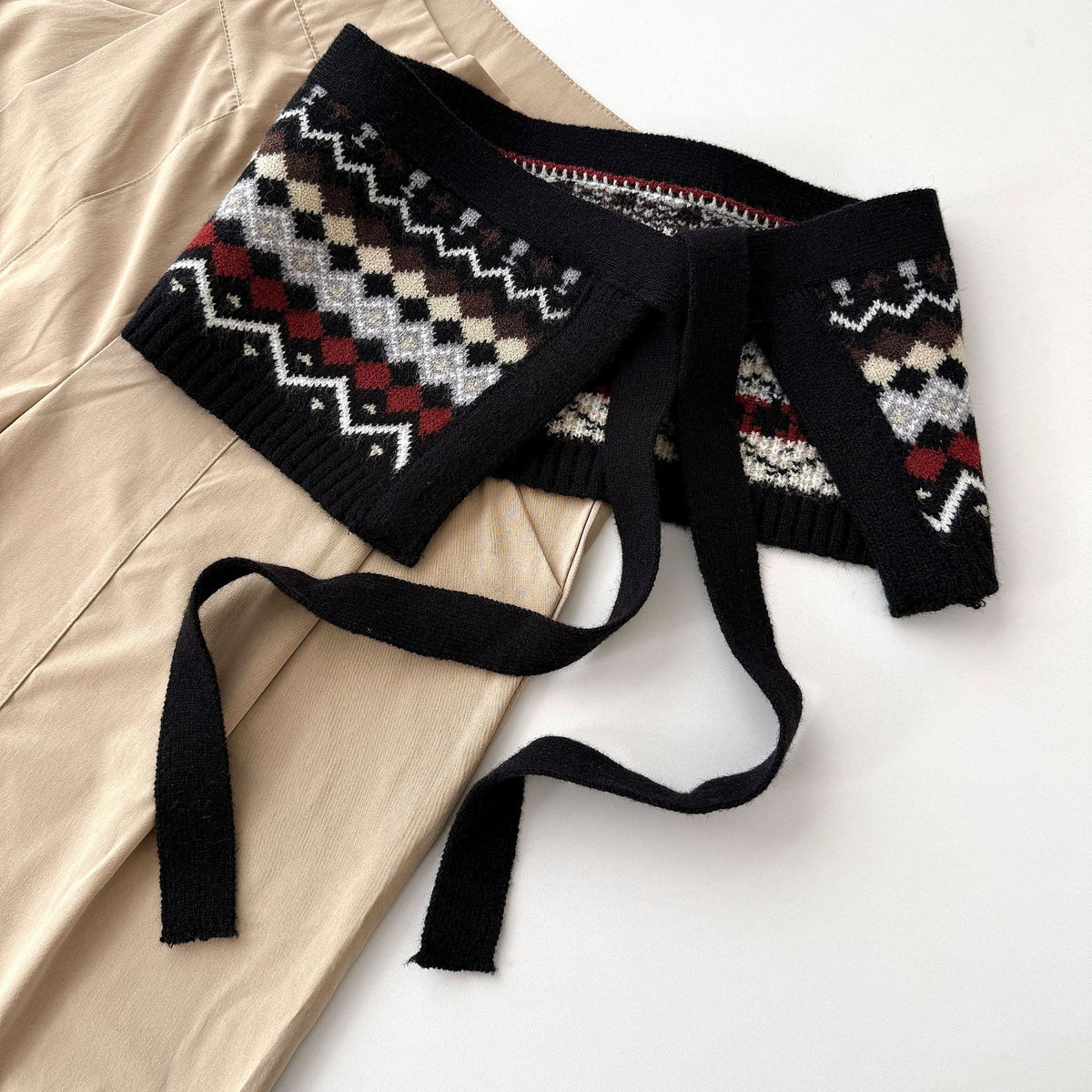Fair Isle Knit Cape With Tie Front - Black