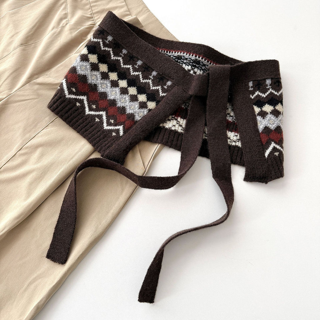 Fair Isle Knit Cape With Tie Front - Coffee