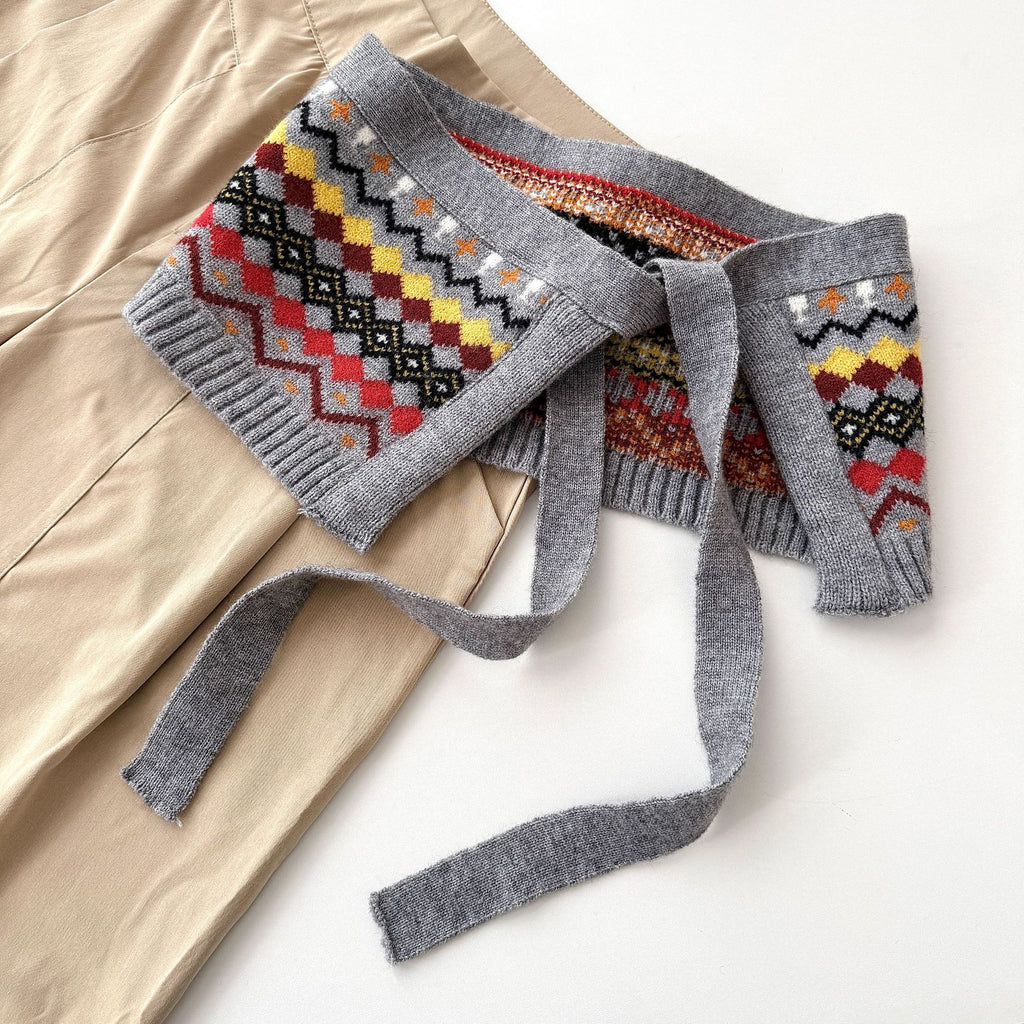 Fair Isle Knit Cape With Tie Front - Grey