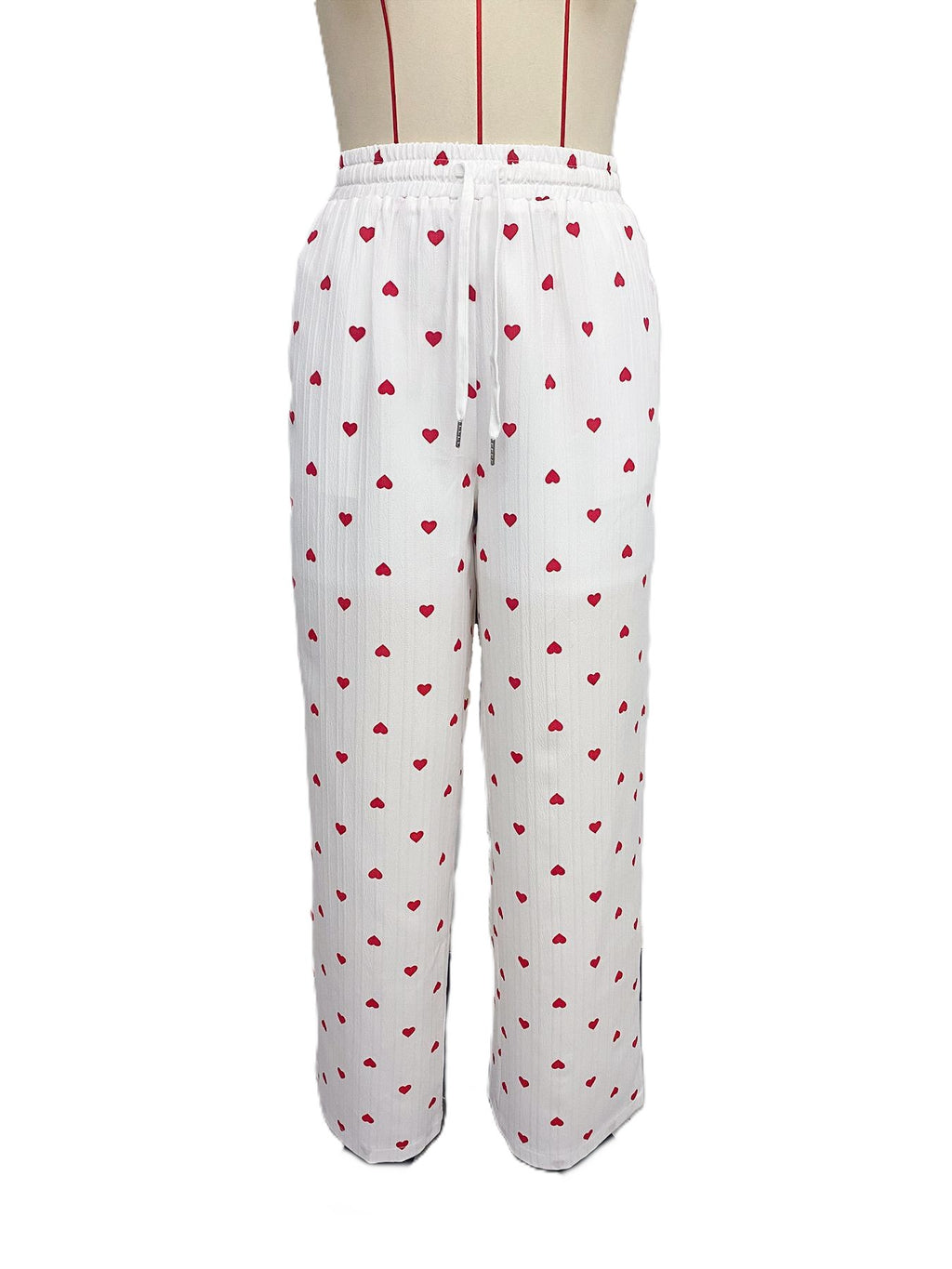 Heart Print Wide-Leg Pants with Pockets - White