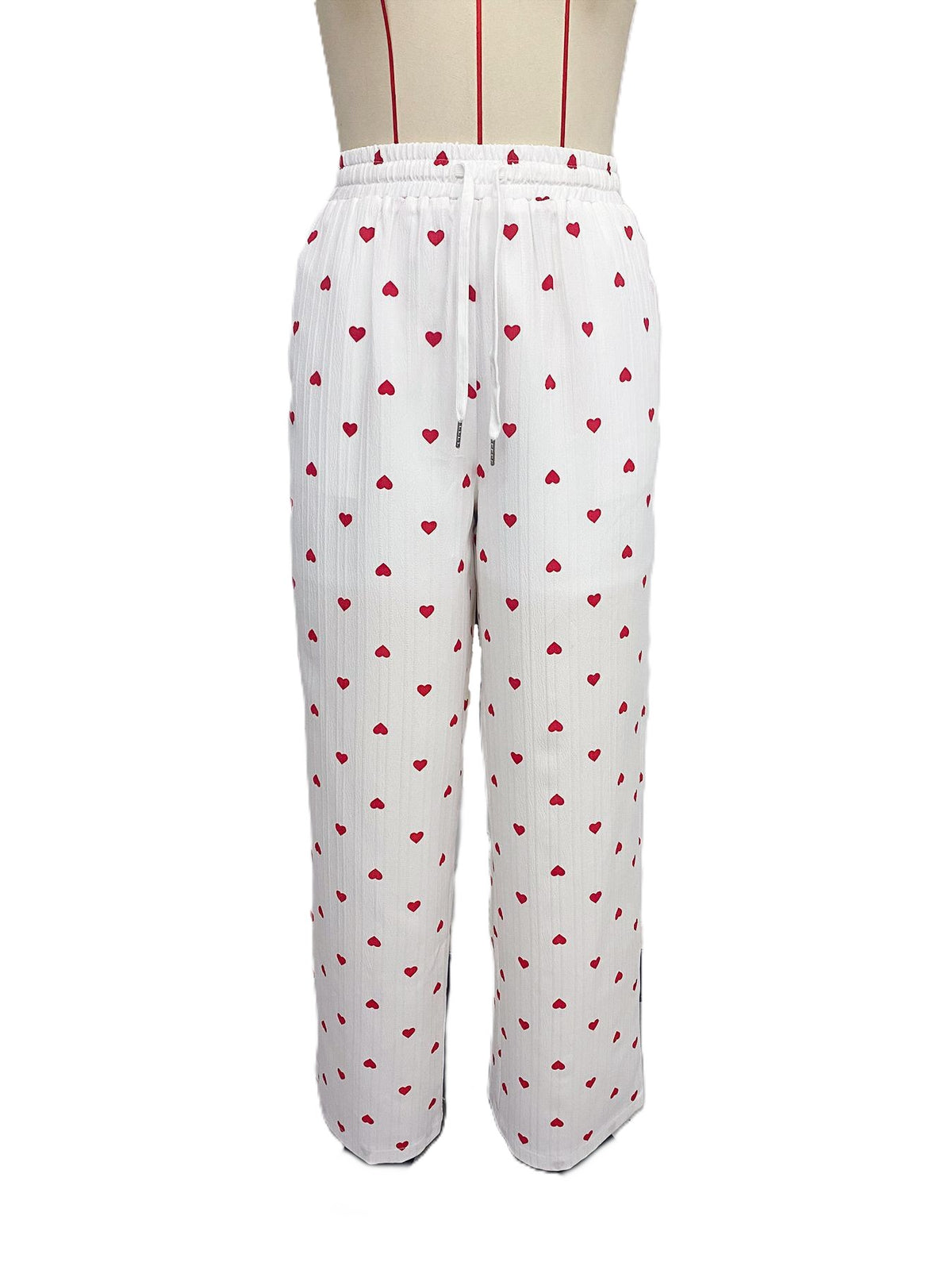 Heart Print Wide-Leg Pants with Pockets - White