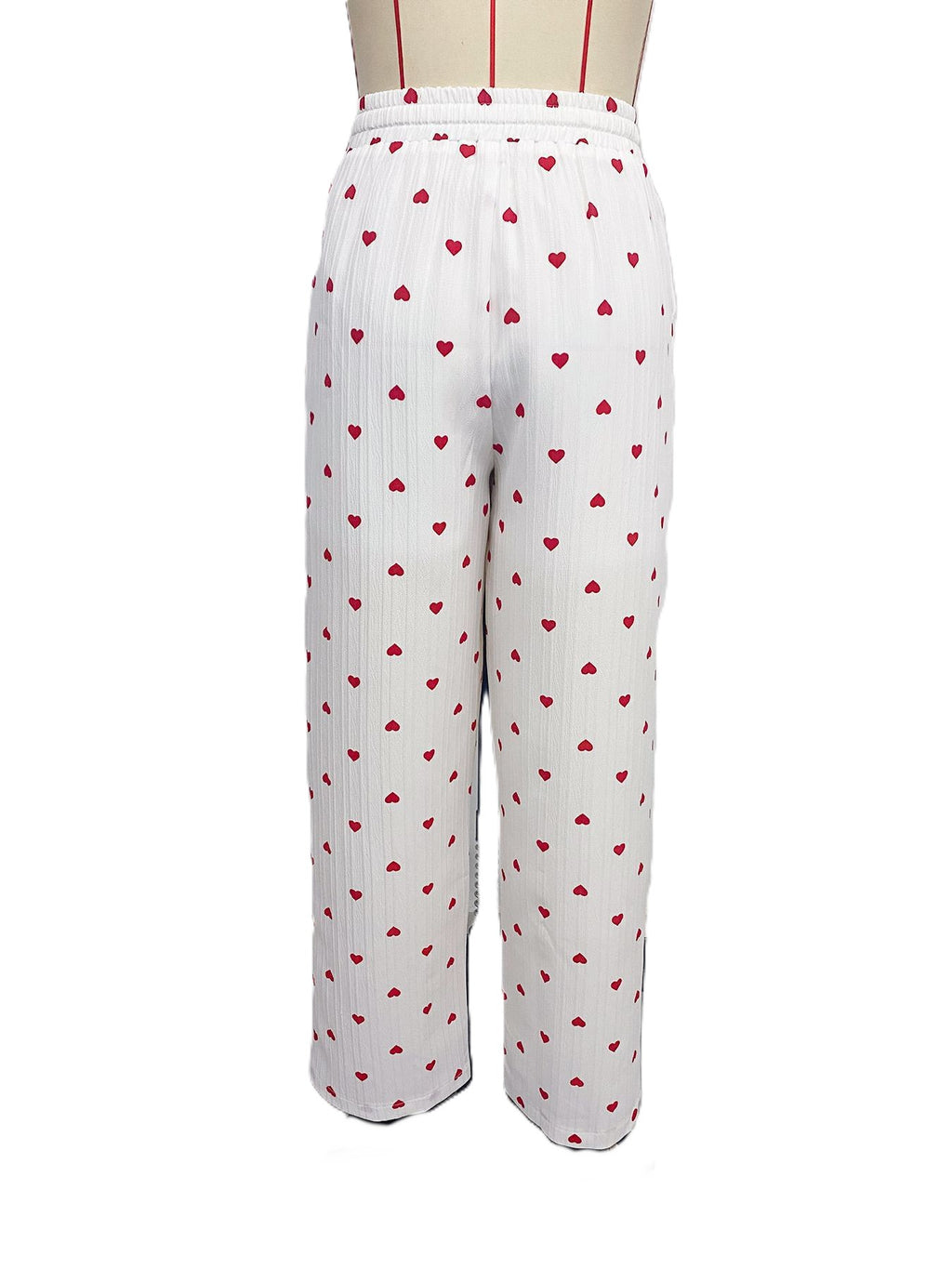 Heart Print Wide-Leg Pants with Pockets - White - 1
