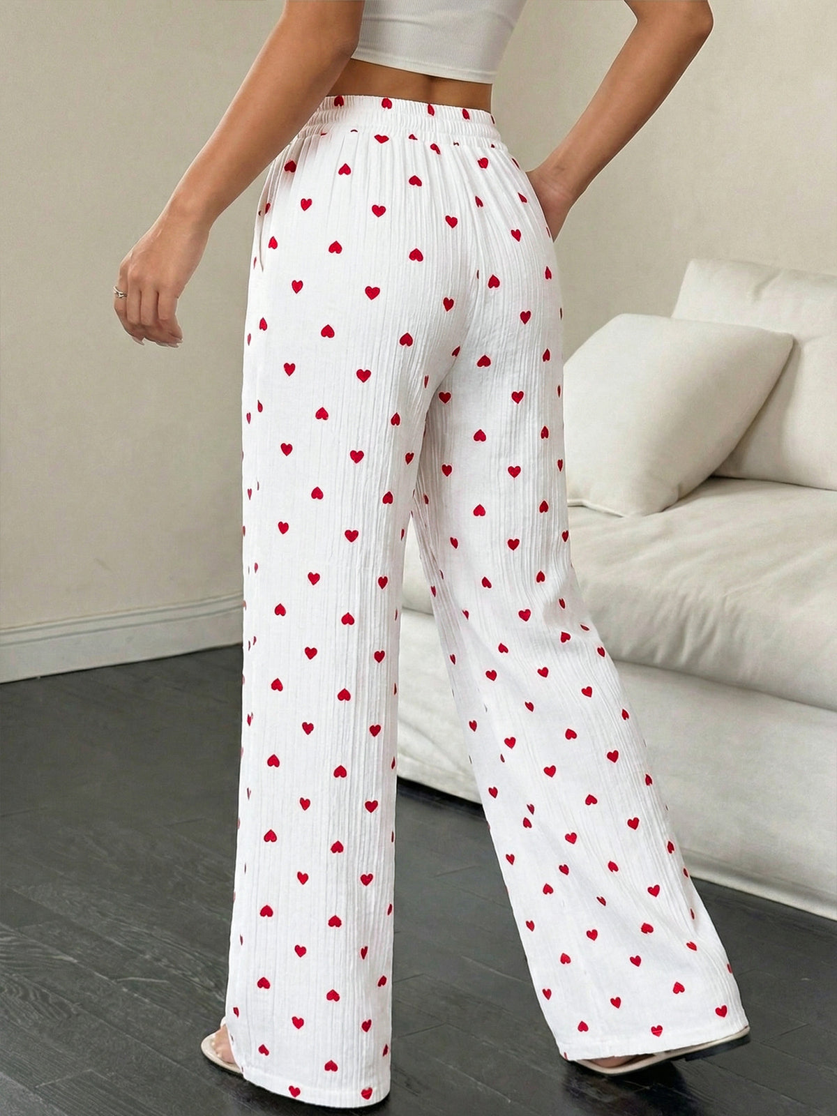 Heart Print Wide-Leg Pants with Pockets - White - 2