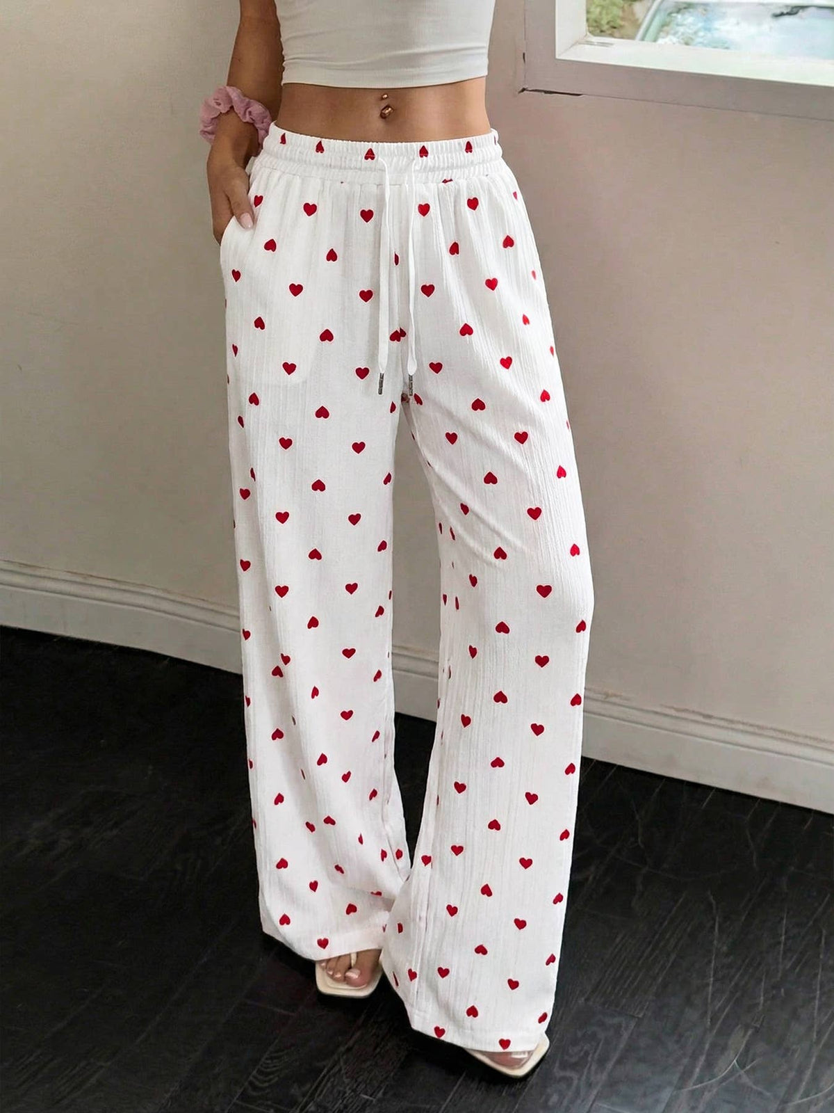 Heart Print Wide-Leg Pants with Pockets