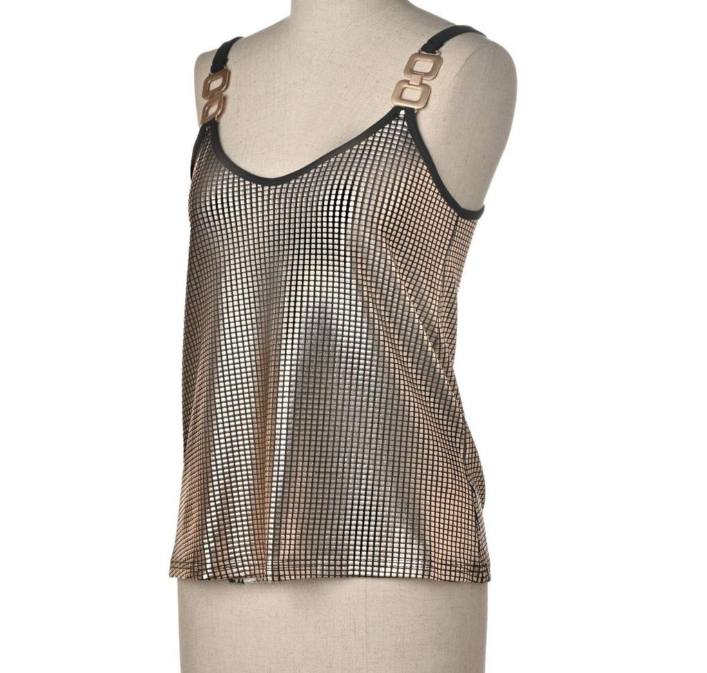 Sparkle Mesh Cami Tank Top With Buckle Straps - Brown