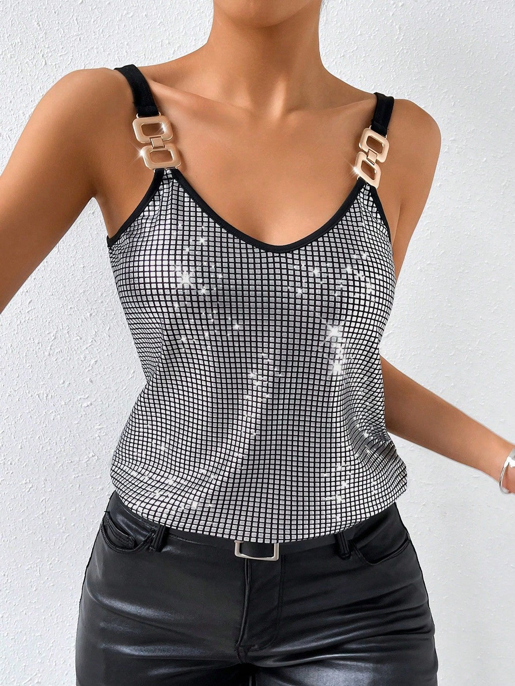 Sparkle Mesh Cami Tank Top With Buckle Straps - Silvery