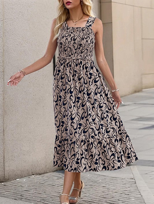 Abstract Print Smocked Midi Sundress - Khaki