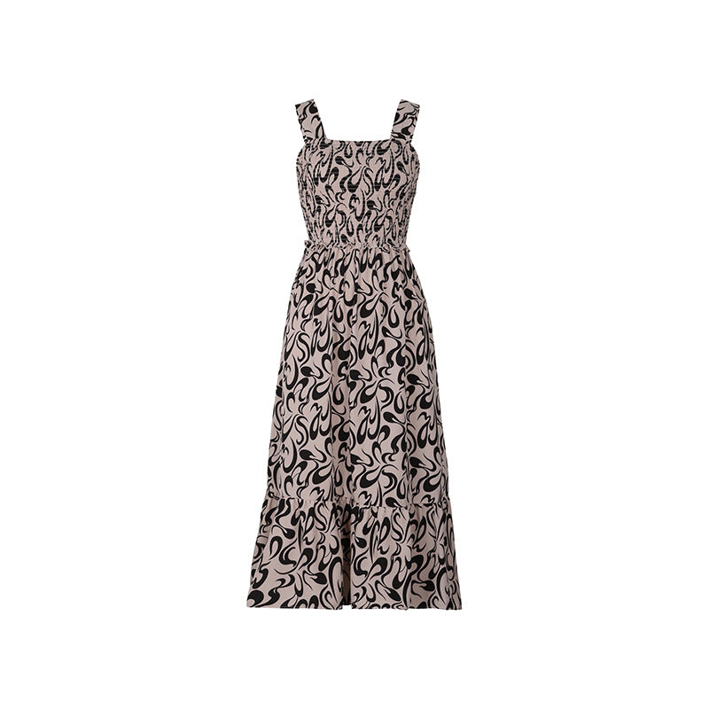 Abstract Print Smocked Midi Sundress - Khaki - 4