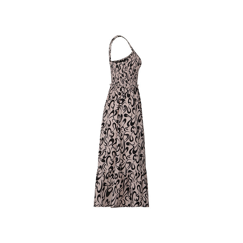 Abstract Print Smocked Midi Sundress - Khaki - 5