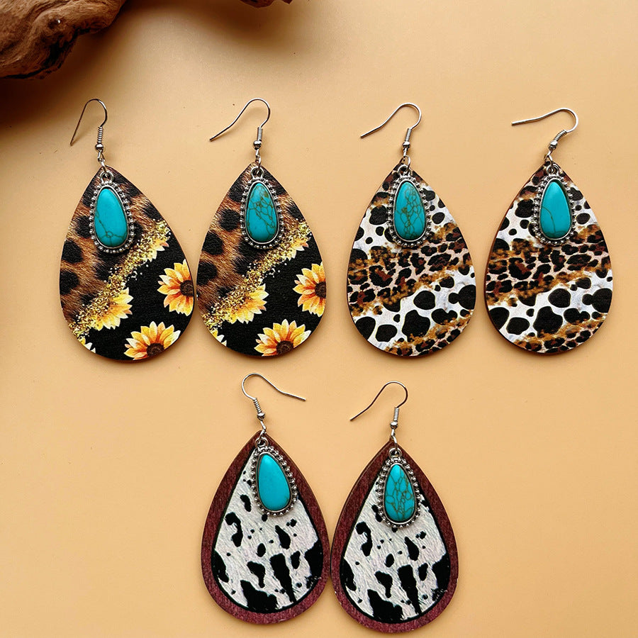 Leopard And Cowhide Print Teardrop Drop Earrings - B - 1
