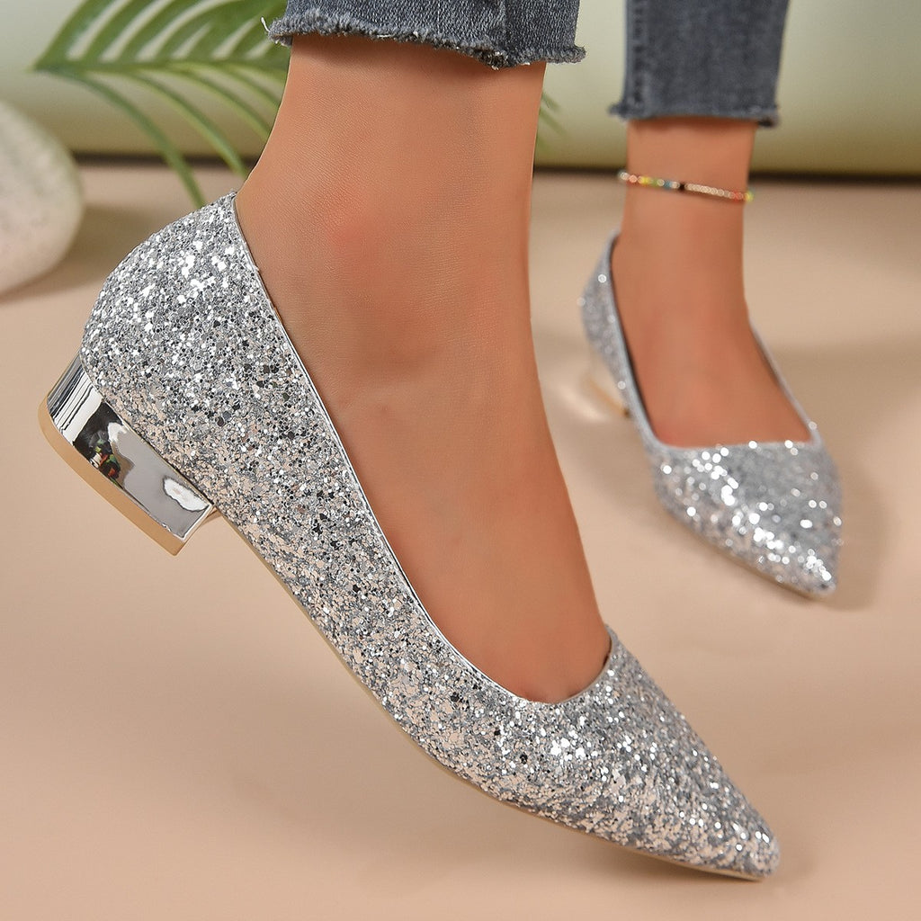 Glitter Pointed Toe Low Block Heel Pumps - Silver