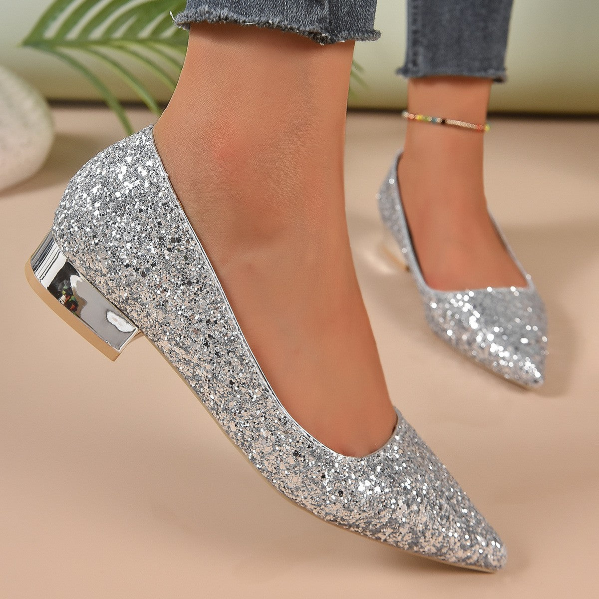 Glitter Pointed Toe Low Block Heel Pumps - Silver