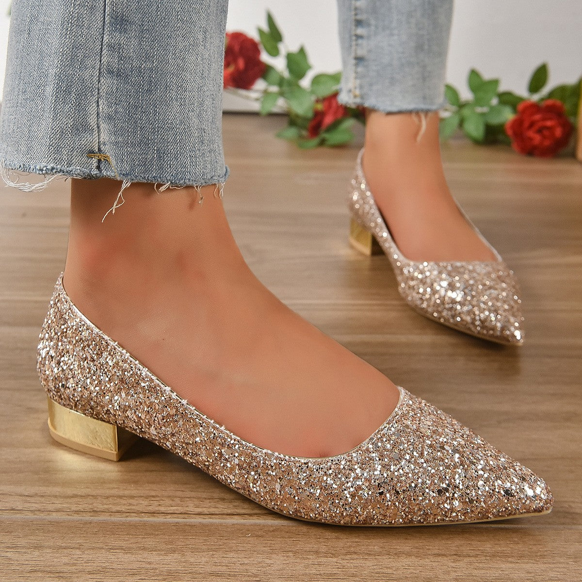 Glitter Pointed Toe Low Block Heel Pumps