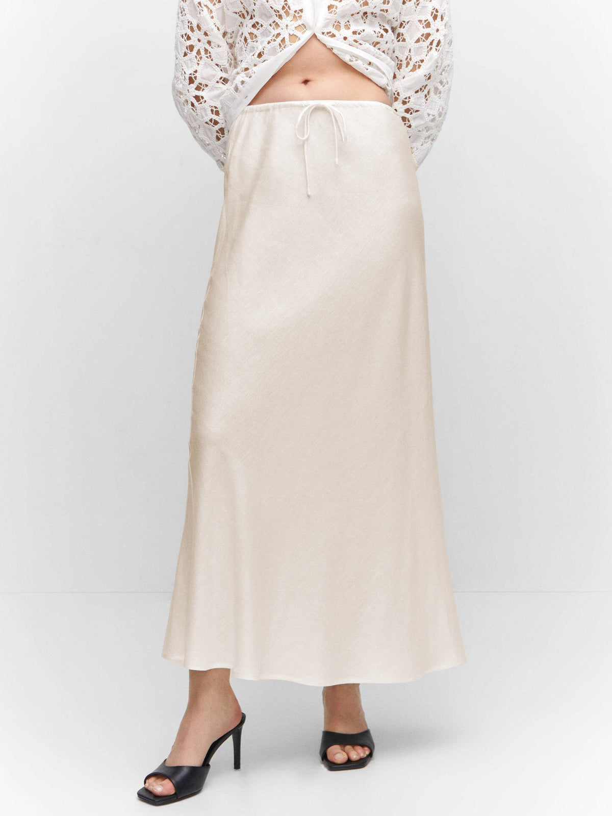 Bias Cut Satin Drawstring Maxi Skirt - Beige - 1