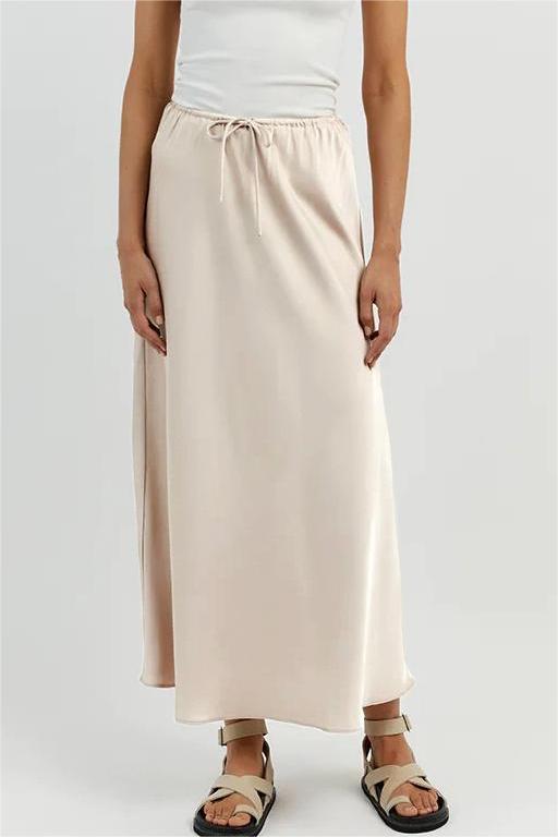 Bias Cut Satin Drawstring Maxi Skirt - Beige - 2