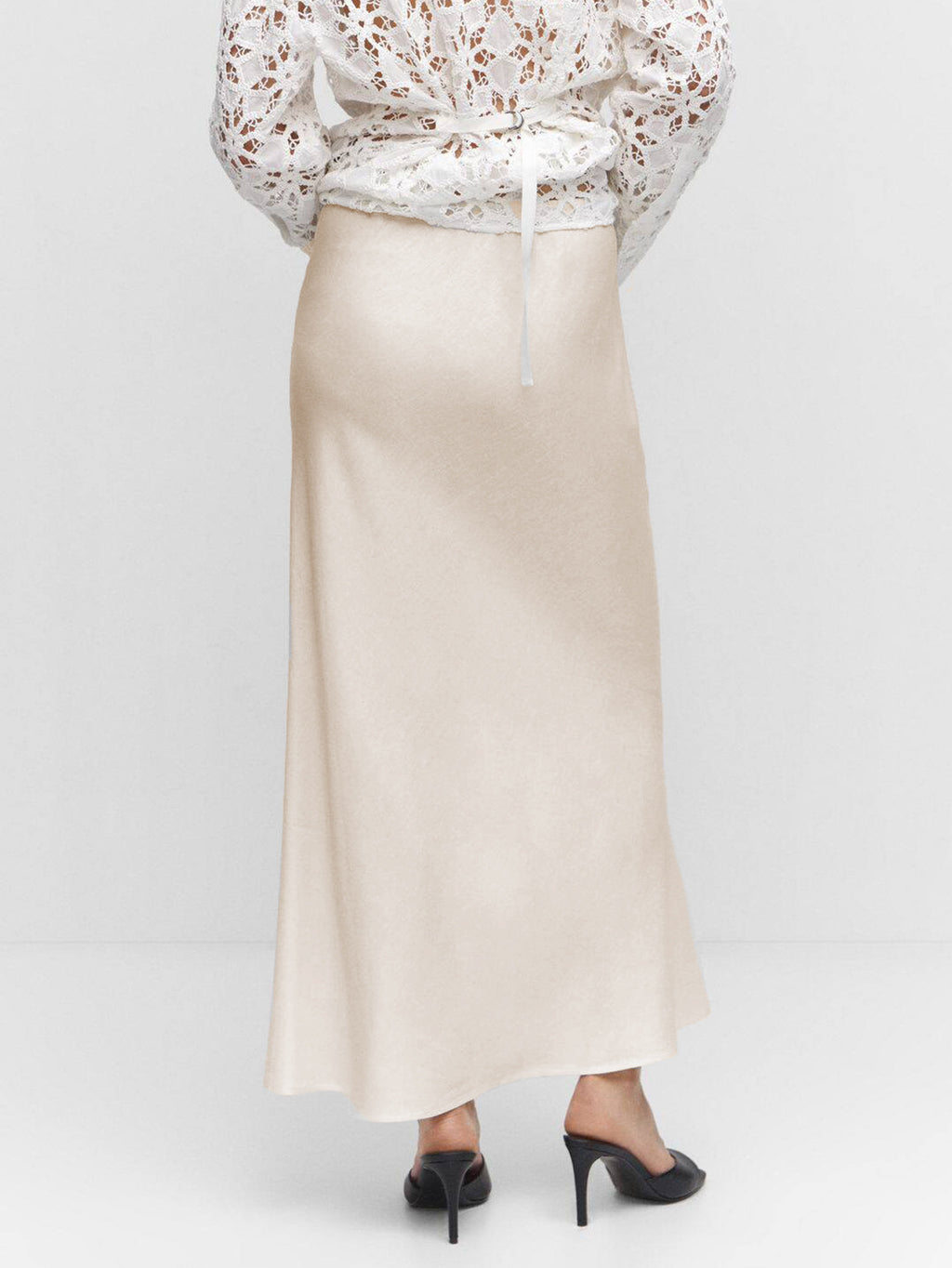 Bias Cut Satin Drawstring Maxi Skirt - Beige - 3