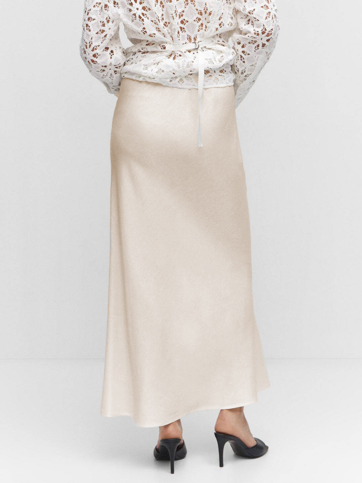 Bias Cut Satin Drawstring Maxi Skirt - Beige - 3