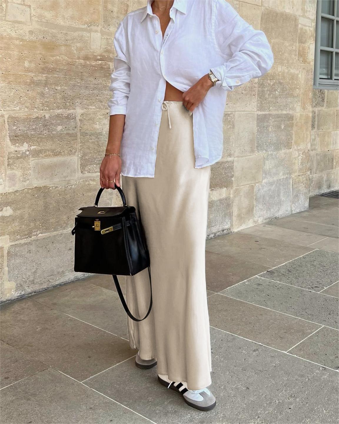 Bias Cut Satin Drawstring Maxi Skirt - Beige - 4