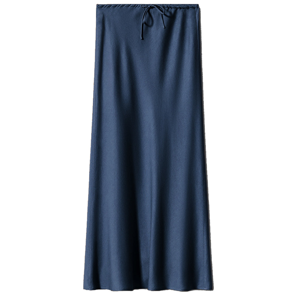 Bias Cut Satin Drawstring Maxi Skirt - DBlue