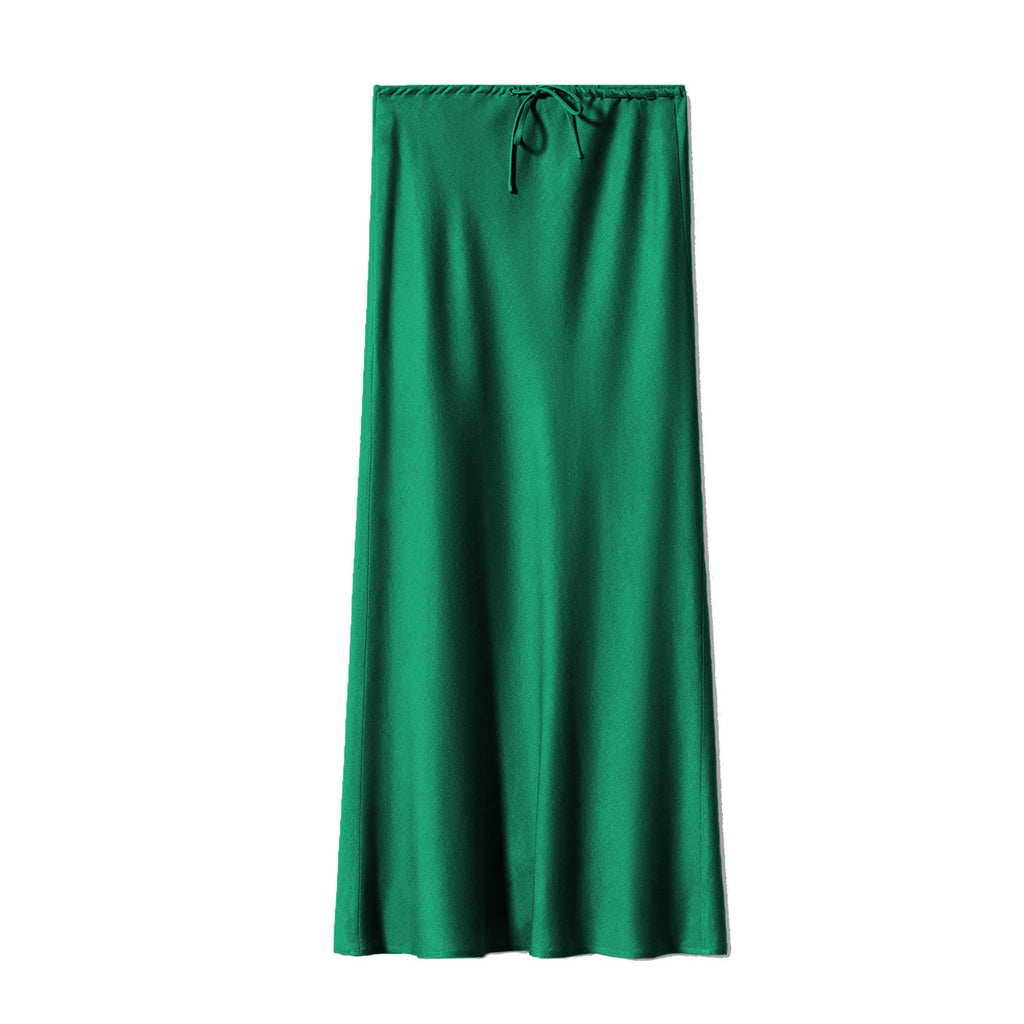 Bias Cut Satin Drawstring Maxi Skirt - DGreen