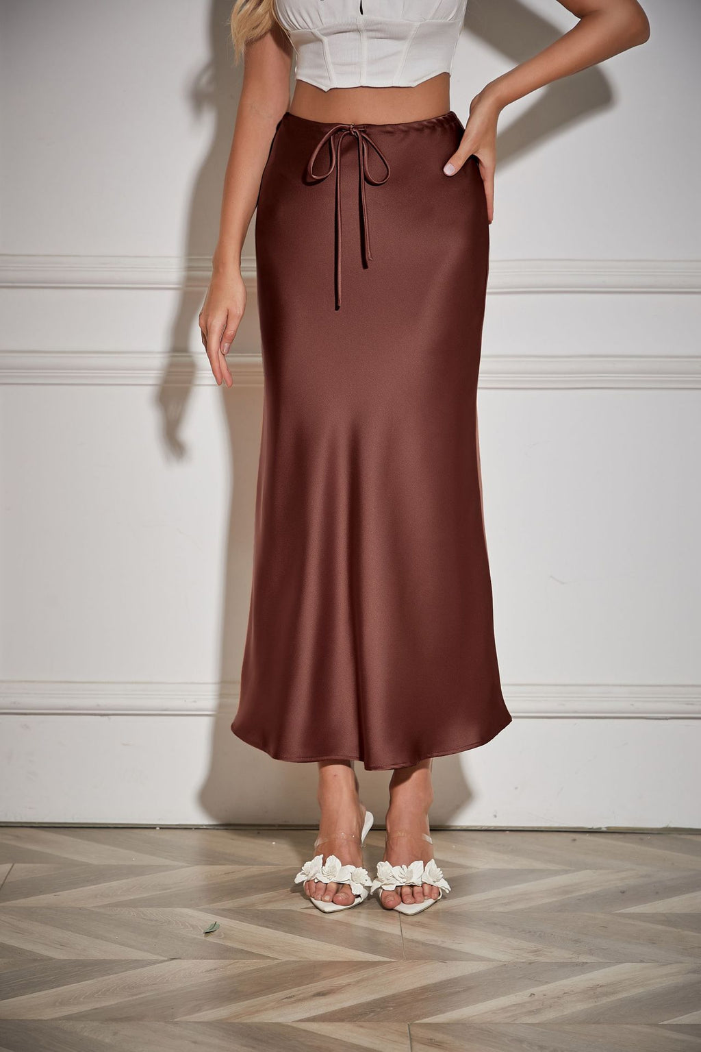 Bias Cut Satin Drawstring Maxi Skirt - Dbrown - 1