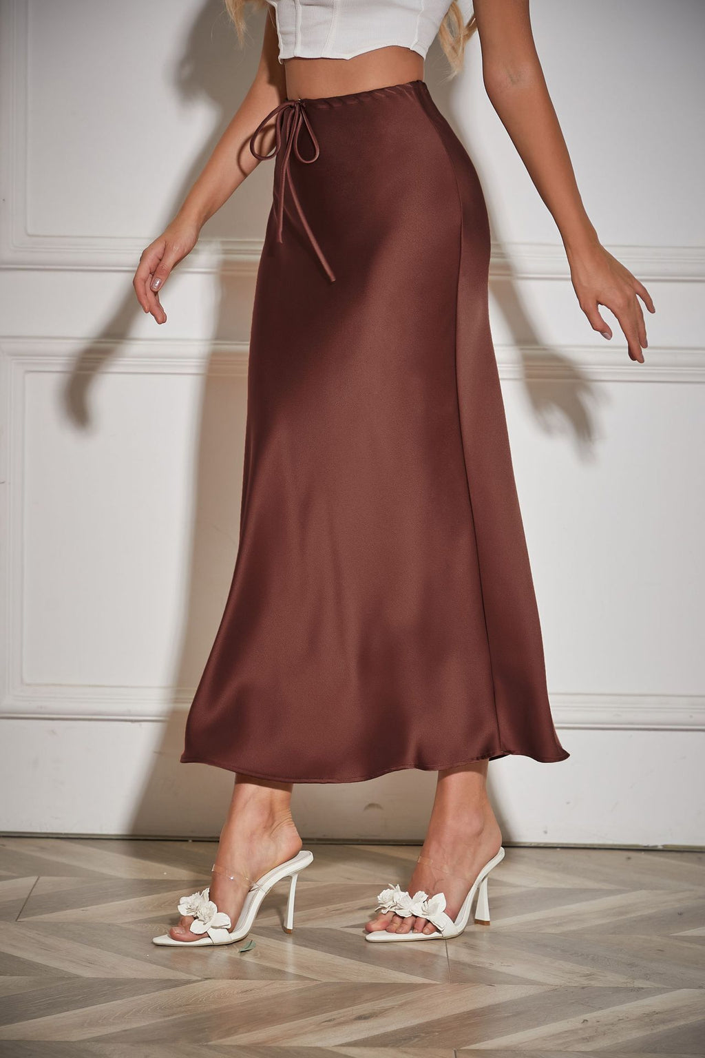 Bias Cut Satin Drawstring Maxi Skirt - Dbrown - 2