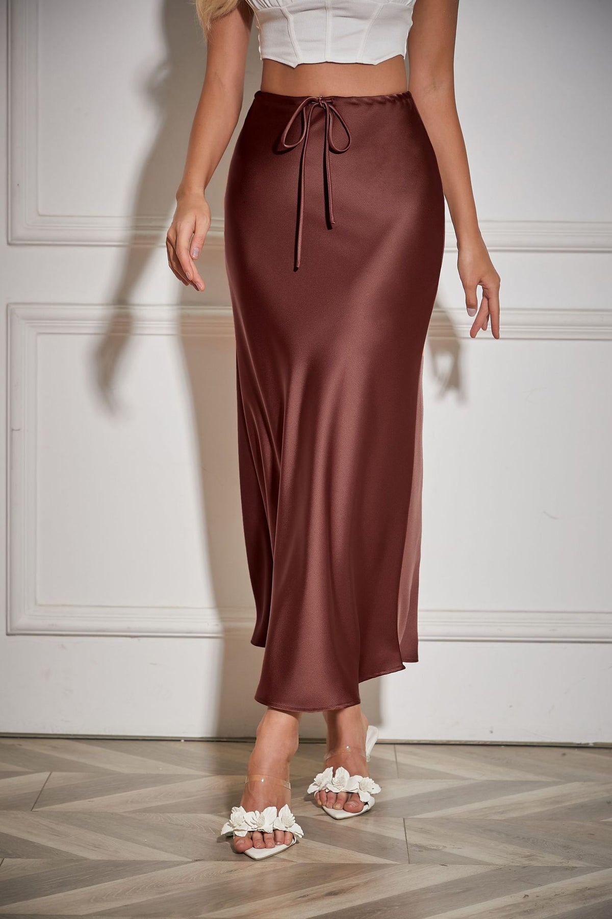 Bias Cut Satin Drawstring Maxi Skirt - Dbrown - 3