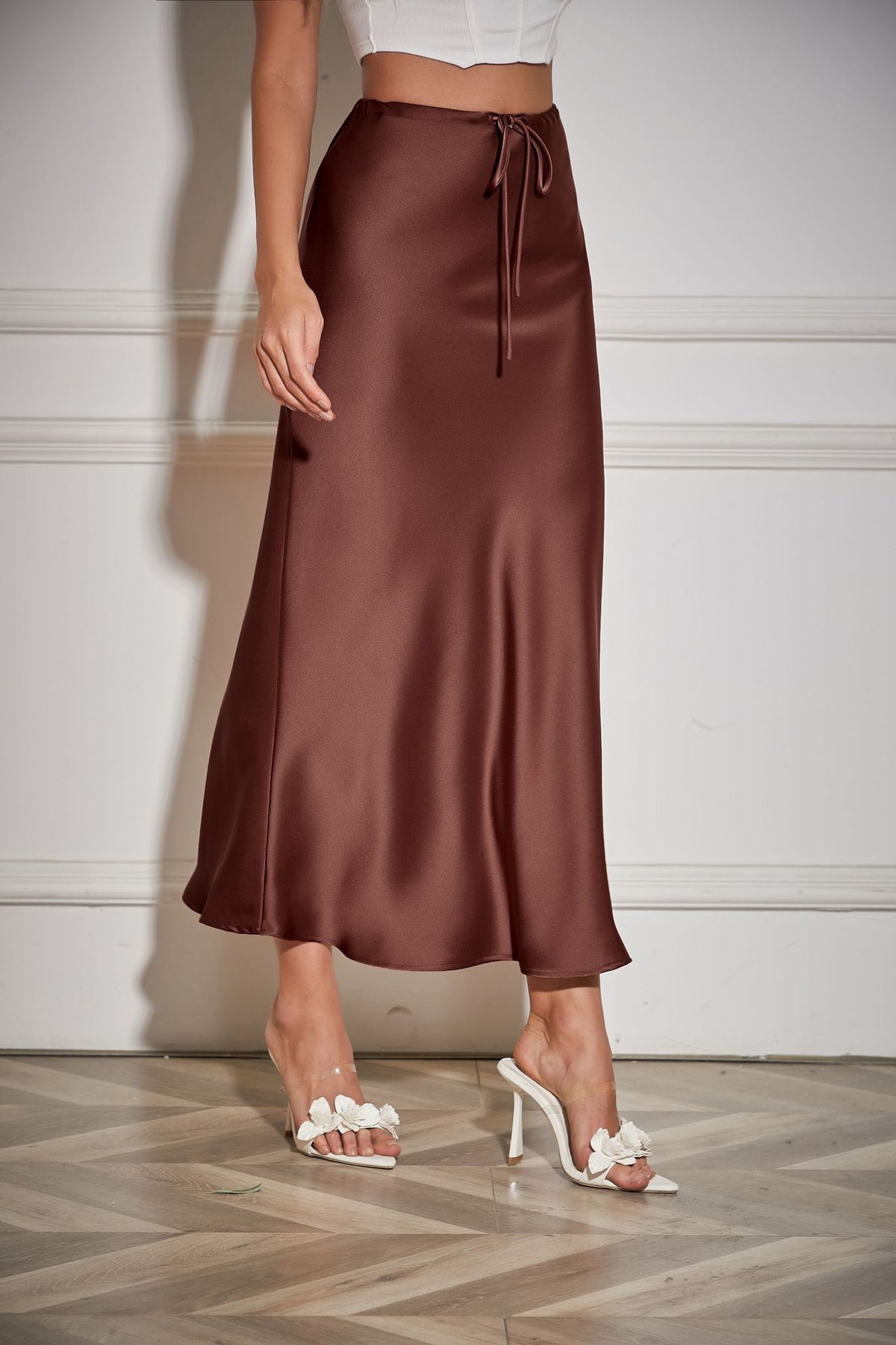 Bias Cut Satin Drawstring Maxi Skirt - Dbrown - 4