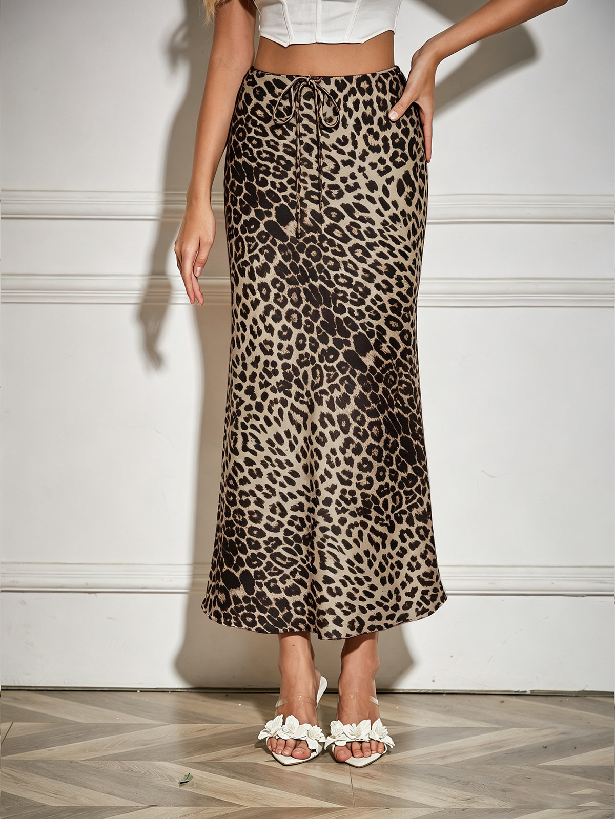 Bias Cut Satin Drawstring Maxi Skirt - LBeige - 1
