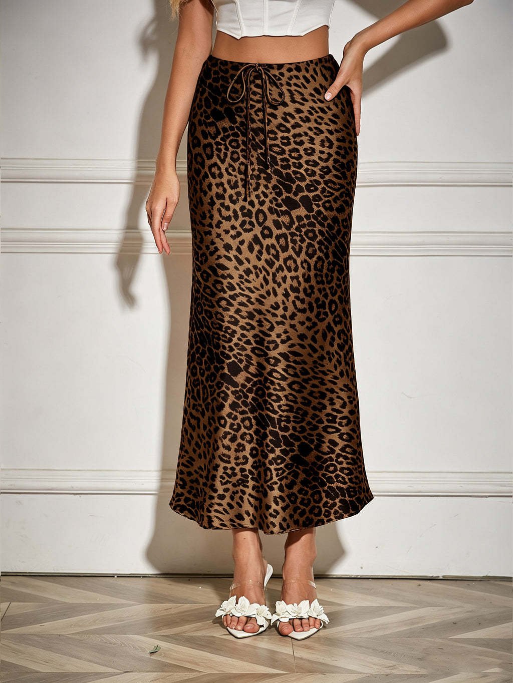 Bias Cut Satin Drawstring Maxi Skirt - LBrown - 1