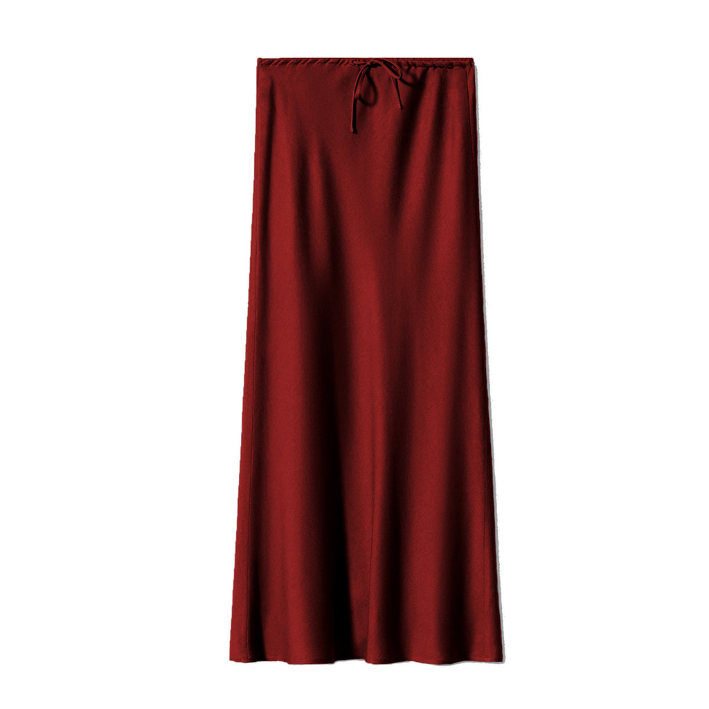 Bias Cut Satin Drawstring Maxi Skirt - Wine_Red