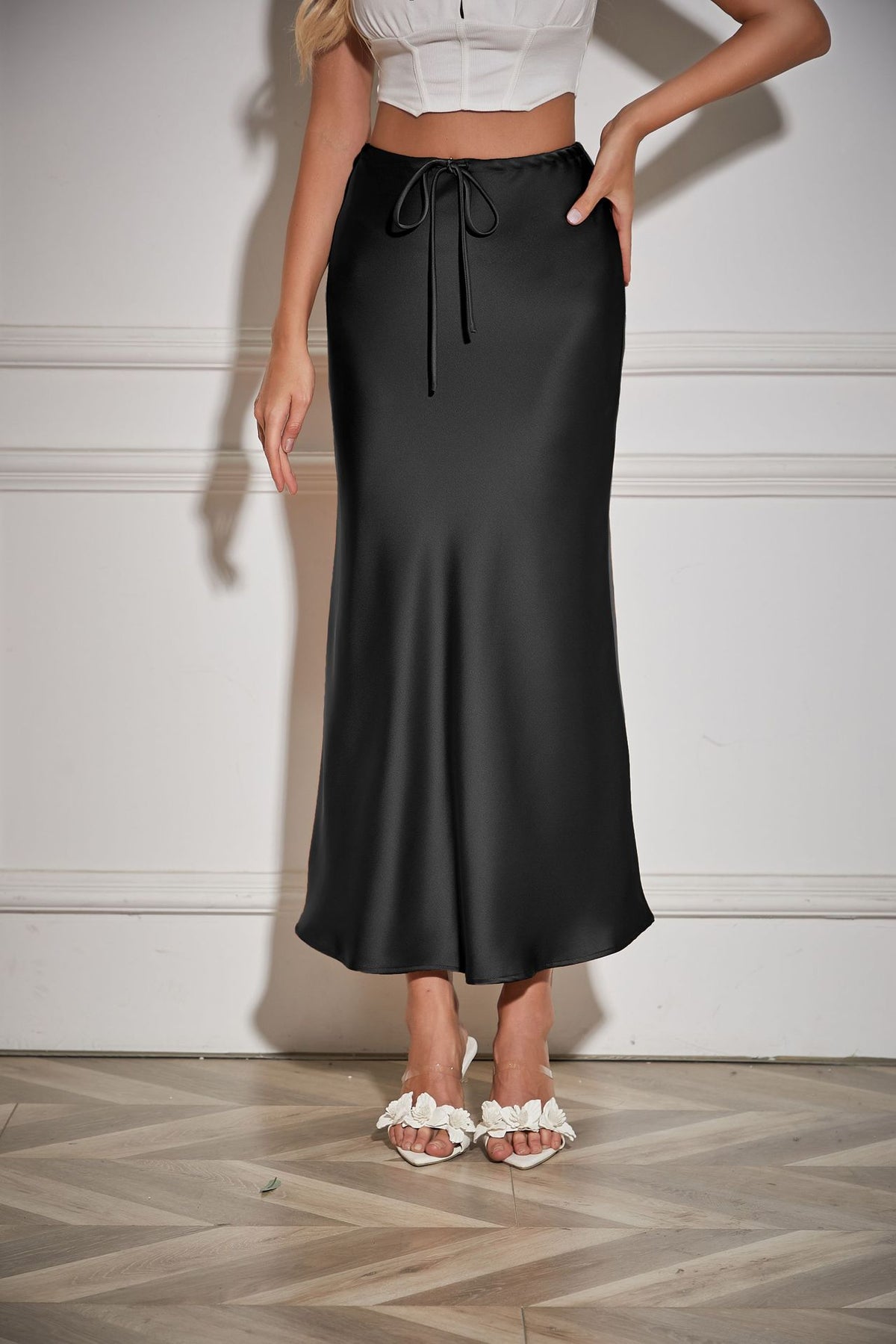 Bias Cut Satin Drawstring Maxi Skirt - black - 1