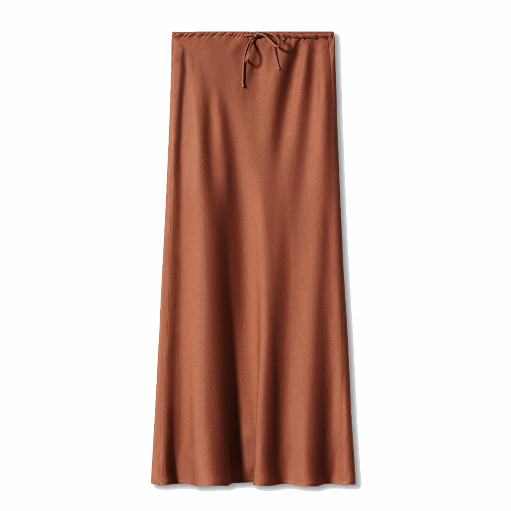 Bias Cut Satin Drawstring Maxi Skirt - brown
