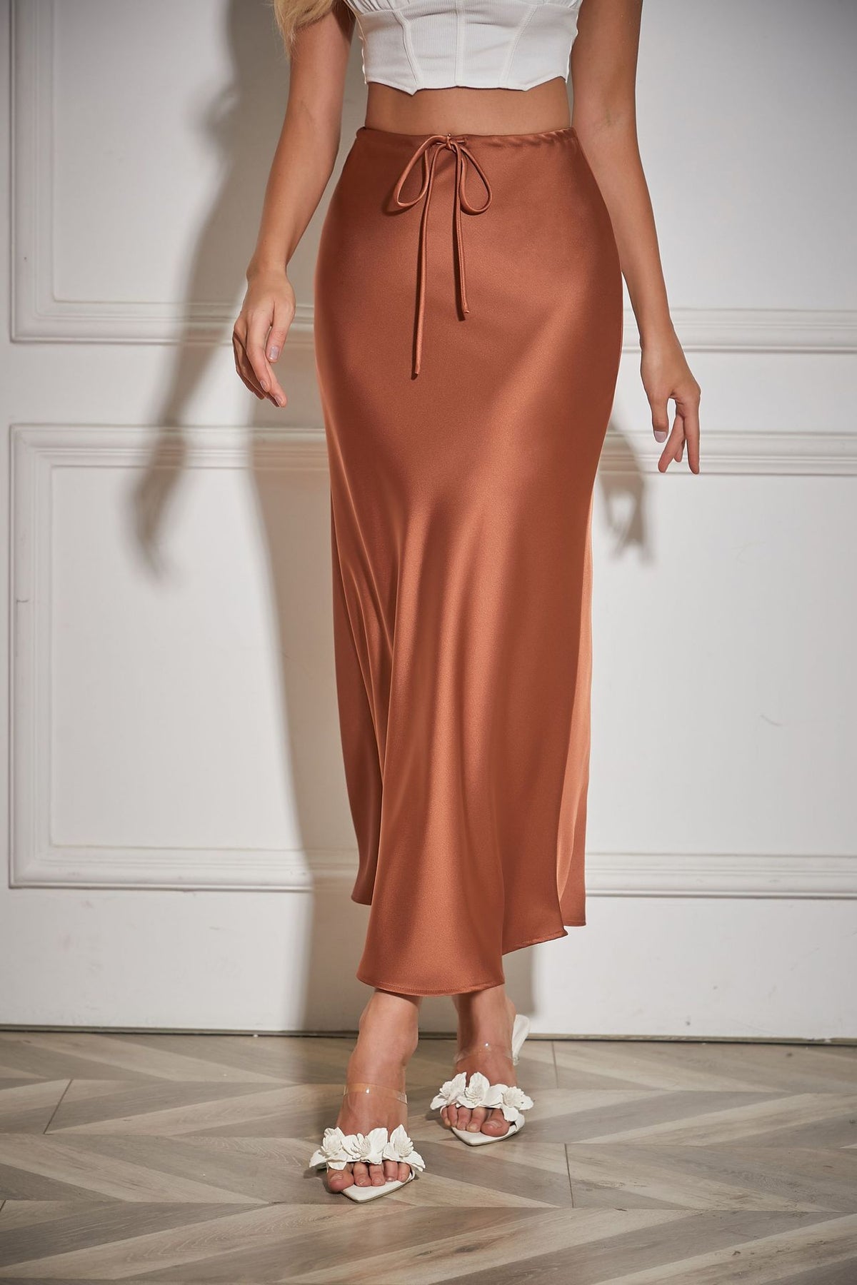 Bias Cut Satin Drawstring Maxi Skirt - brown - 1