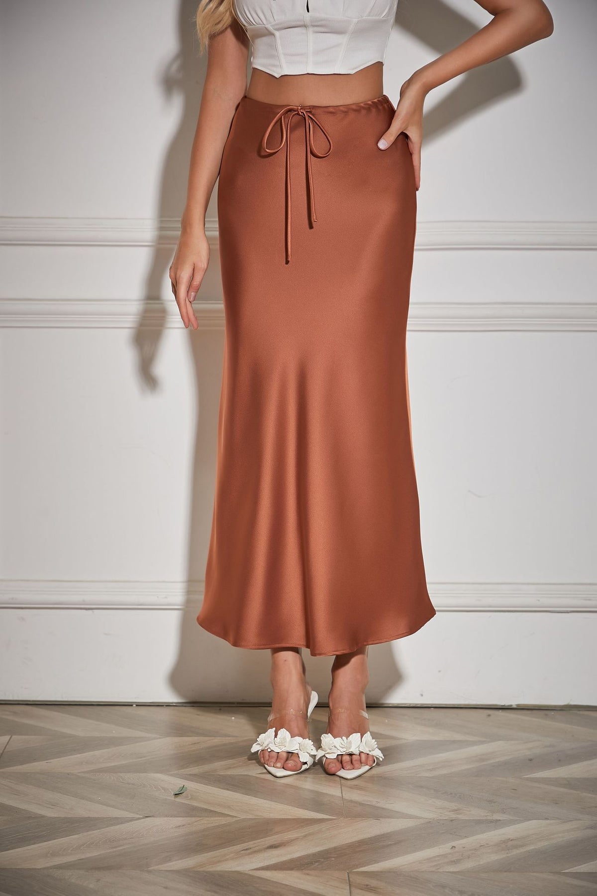 Bias Cut Satin Drawstring Maxi Skirt
